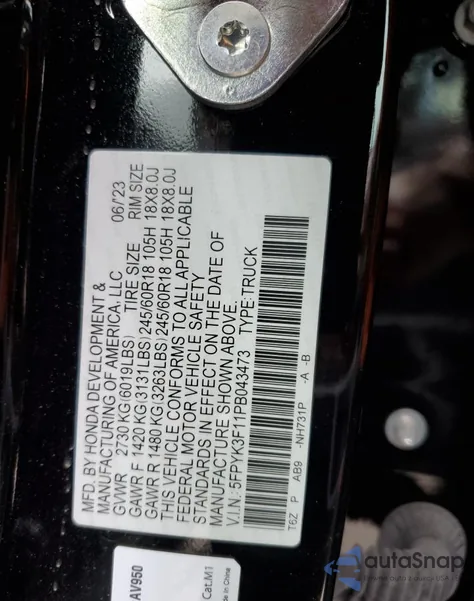 2023 Honda Ridgeline Sport z USA, uszkodzony, nr VIN 5FPYK3F11PB043473